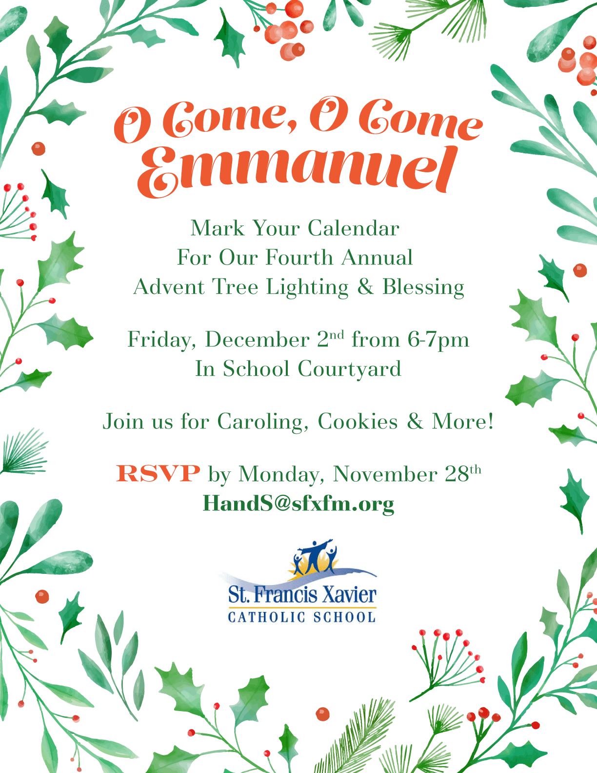 Mark your calendar for our fourth annual Advent Tree Lighting and Blessing. Friday, December 2nd from 6pm to 7pm in School Courtyard. Join us for Caroling, Cookies, and more! RSVP by Monday, November 28th to hands@sfxfm.org
